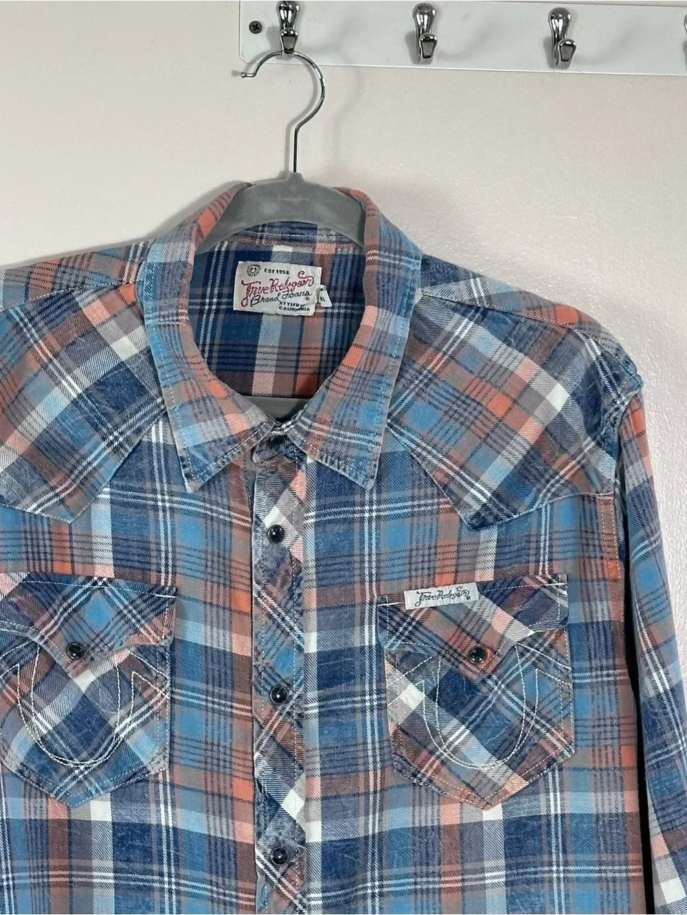 True Religion Blue and Peach Plaid Button-Down Shirt